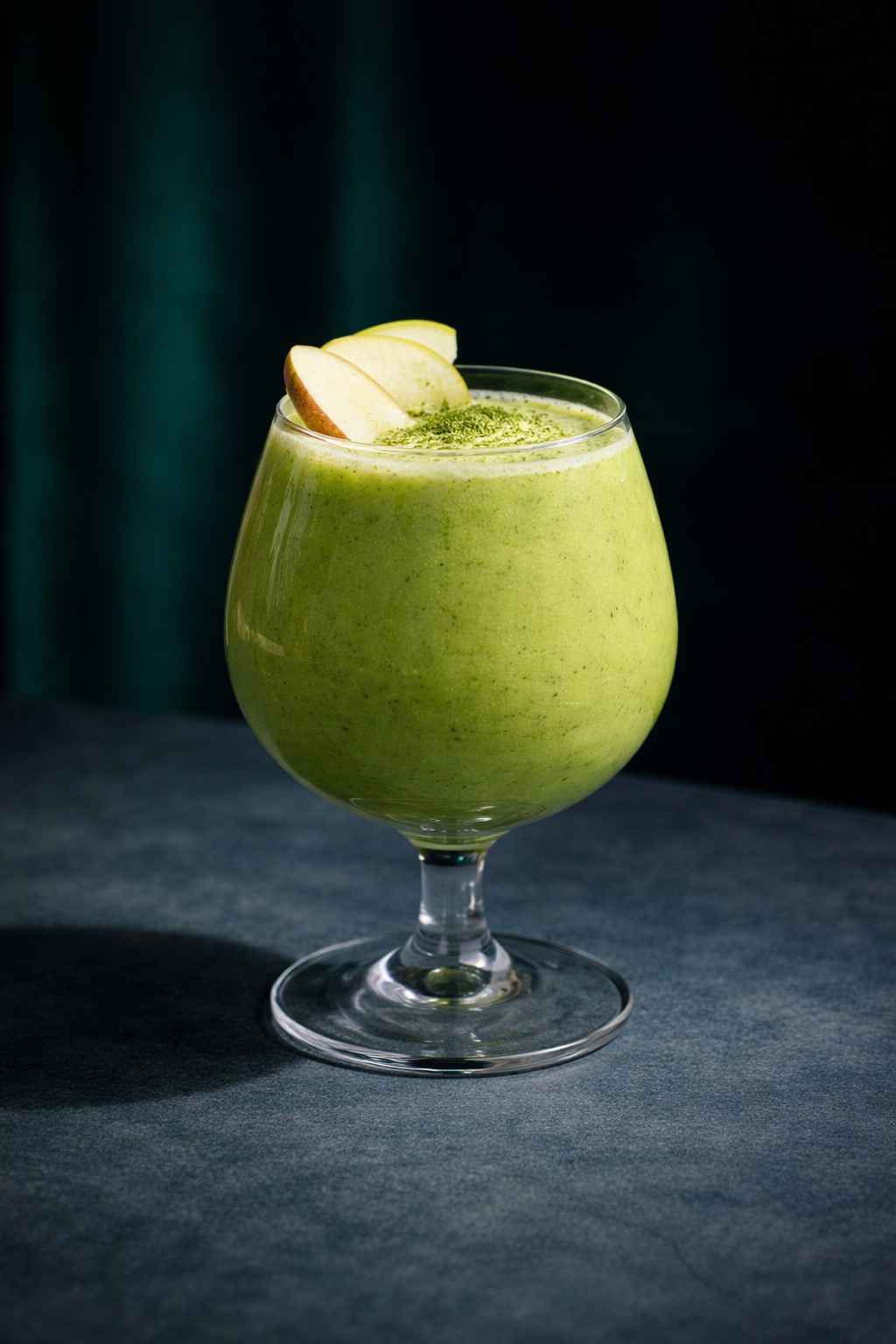 Green smoothie with apple garnish